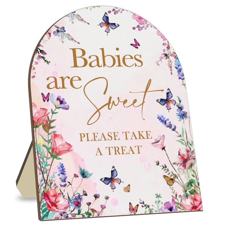 لافتة زينة لحفلات استقبال الأطفال على شكل فراشة من Sweet Babies Please Take A Treat - لافتة ترحيب وردية مقاس 9 * 11 بوصة - Image 1